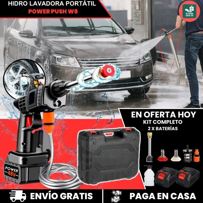 HIDROLAVADORA PORTÁTIL POWER PUSH W8® LAVADO EFICIENTE Y RÁPIDO + MALETÍN + 2 BATERÍAS GRATIS